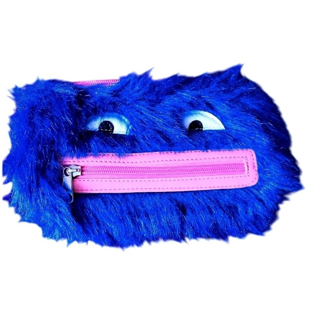 Blue Fuzzy Monster Face  Zip Pouch Cute Fun Makeup Cosmetic Bag/pencil‎ case